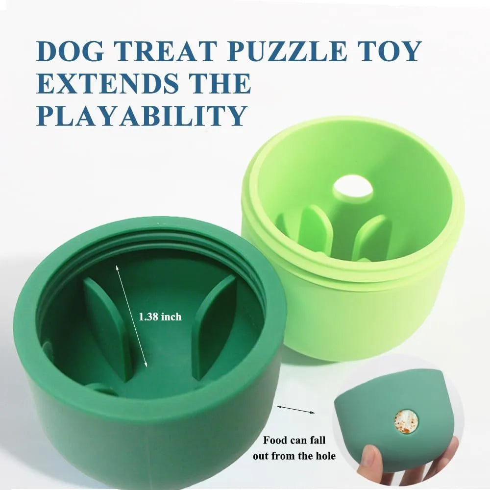 White and blue food-grade silicone dog treat puzzle toy for small breeds on a hard floor.