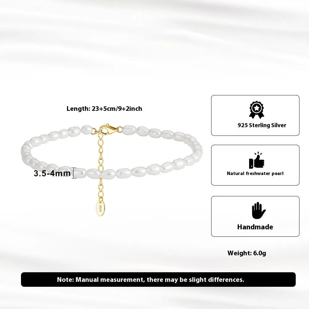 Gold 925 silver anklet with small rice-shaped natural freshwater pearl beads