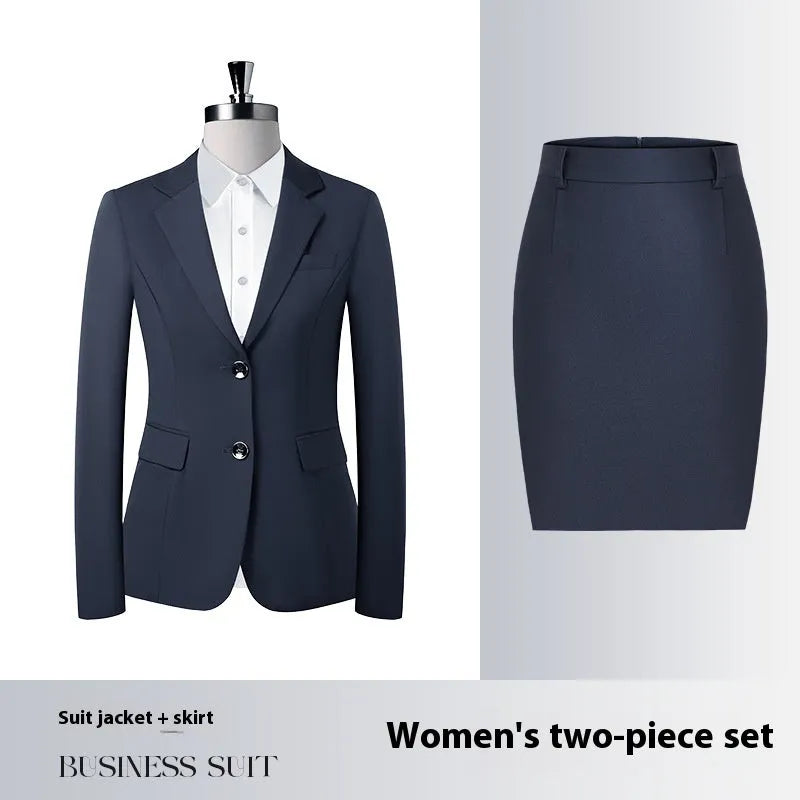 Unisex polyester work suit set with long sleeve jacket and trousers in black, front view