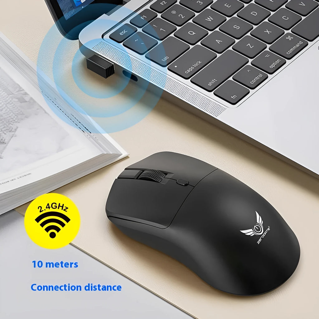 Black wireless computer mouse with DPI adjustment and audio control button for laptop use