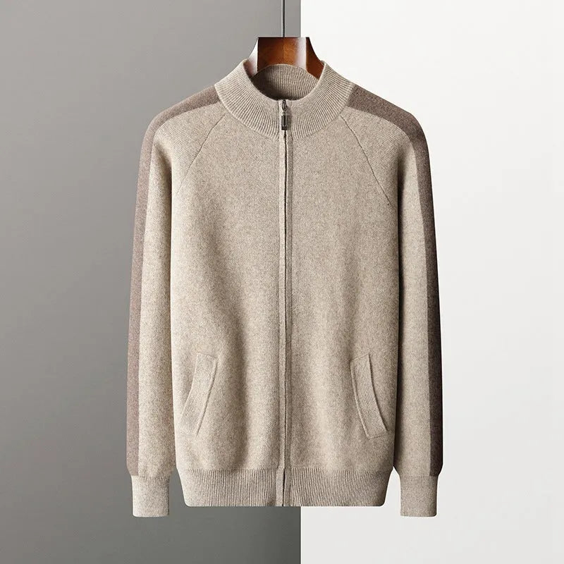 Men's cashmere wool blend cardigan suit with half turtleneck zip top and matching trousers in winter colours