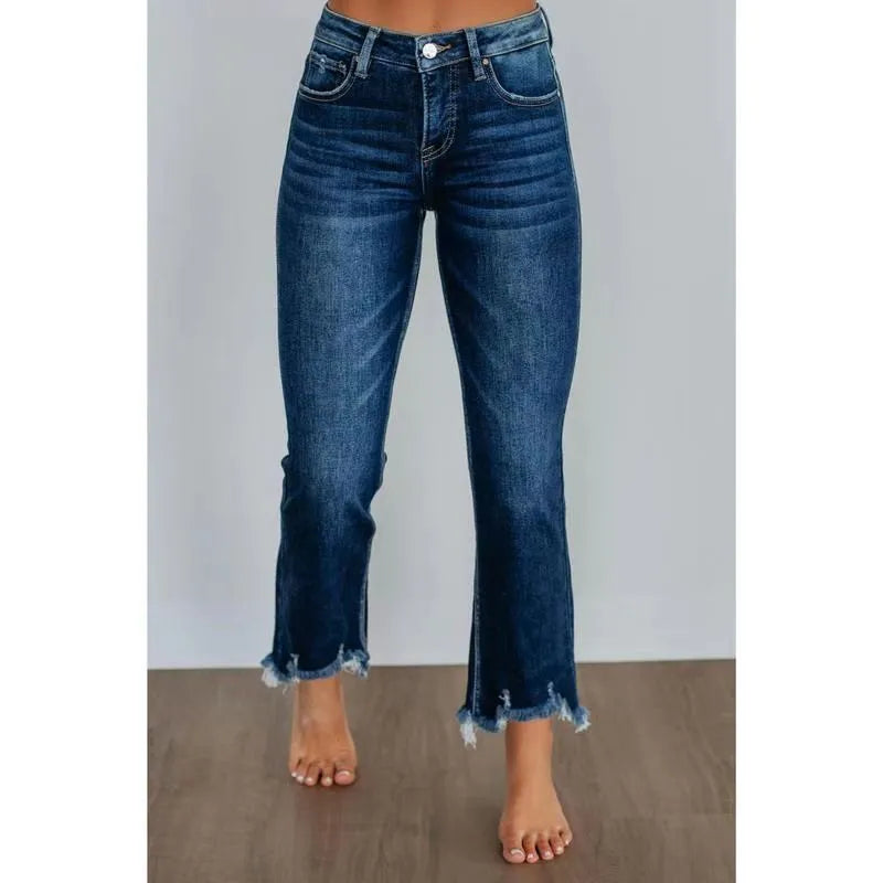 Women's casual denim trousers in dark blue or light blue with hand-worn detailing and five-pocket design