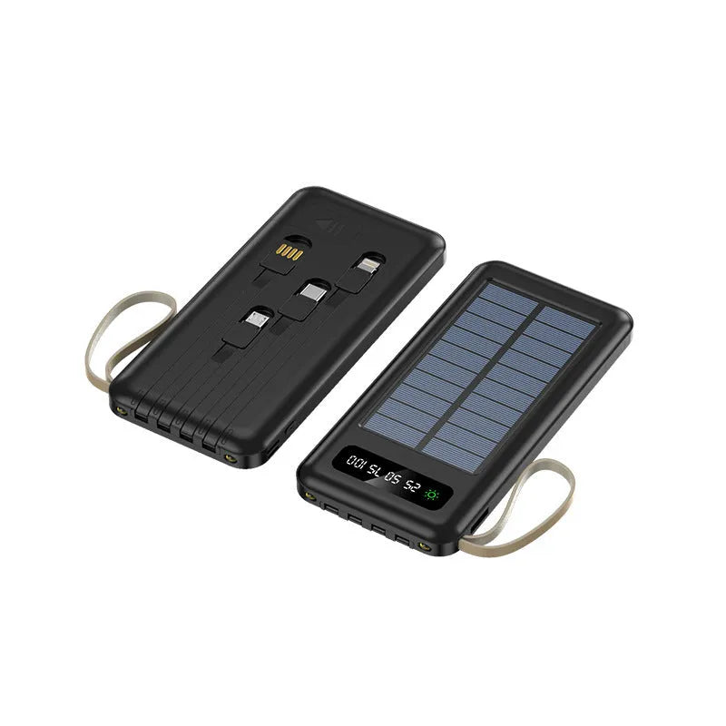 Solar power bank in black or white, showing front panel with solar cells and USB ports.