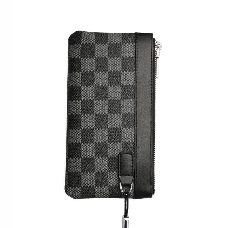 Black men's clutch wallet made of genuine cowhide leather, showing front view.
