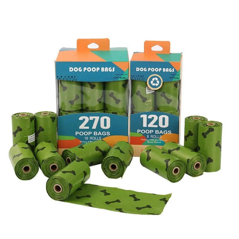 Roll of army green degradable dog waste bags with black bone print, 23cm by 33cm size.