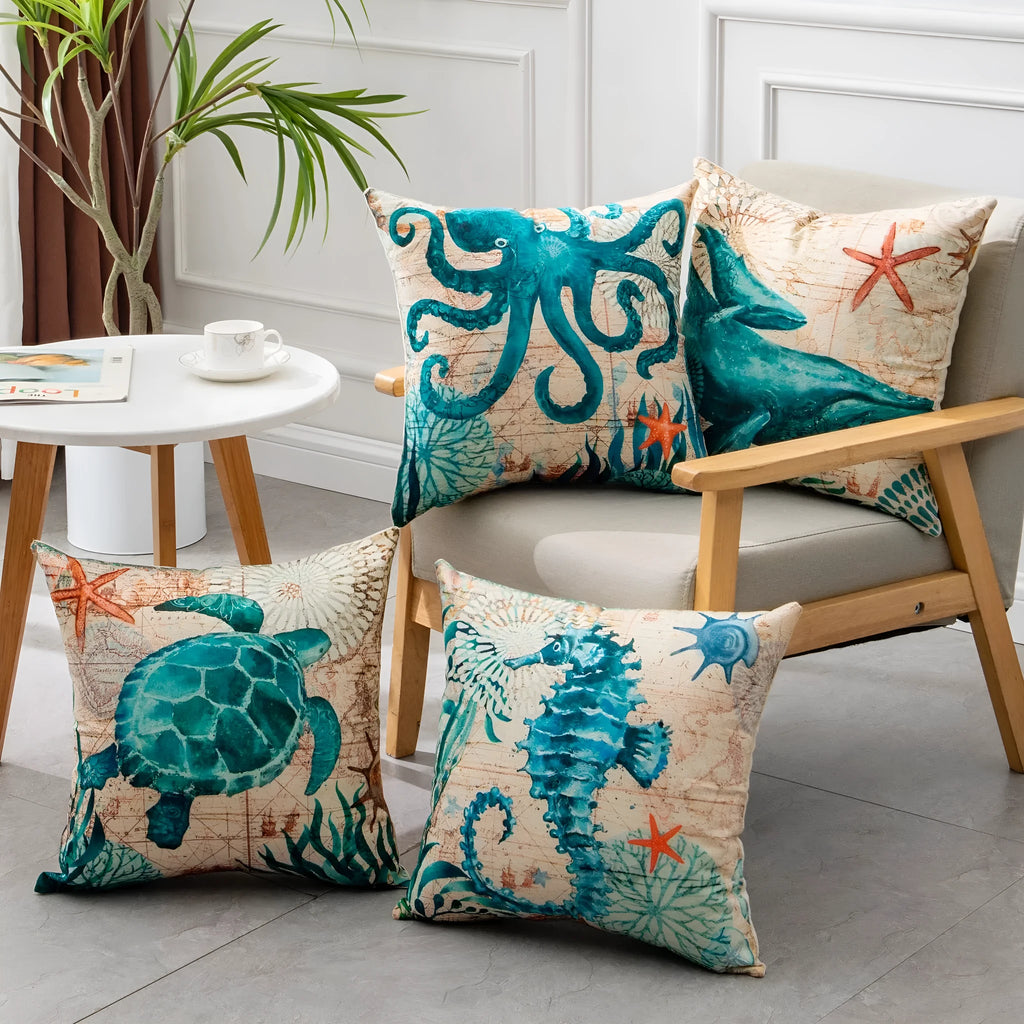 Linen cushion cover sea turtle printed pattern 45x45cm with invisible zipper
