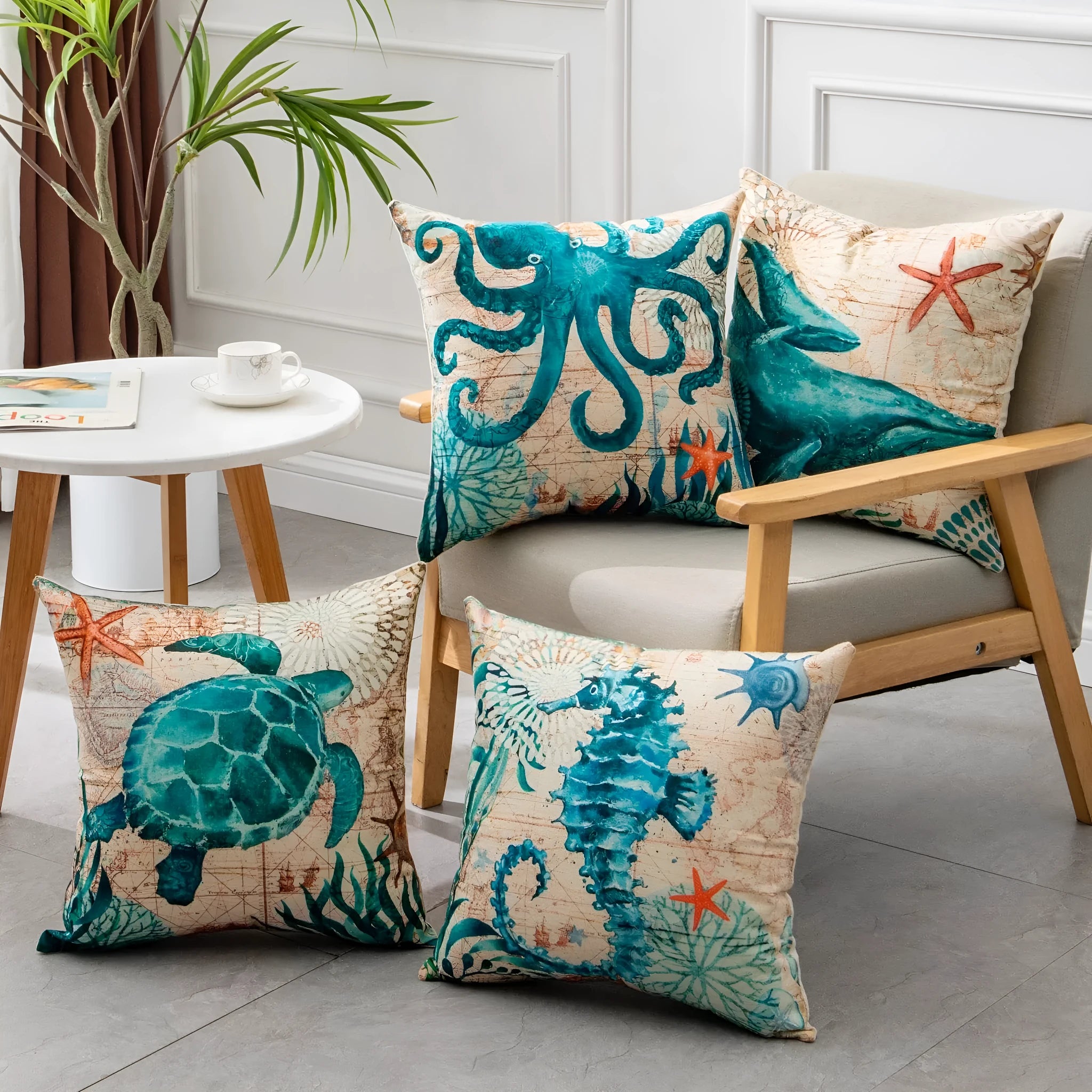 Linen cushion cover sea turtle printed pattern 45x45cm with invisible zipper