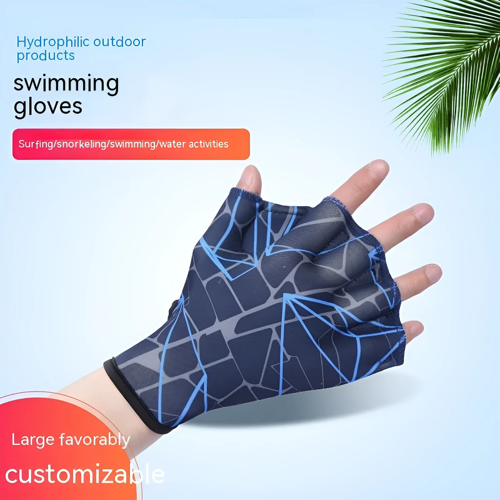 Green nylon duck feet webbed swimming gloves showing webbed design between fingers