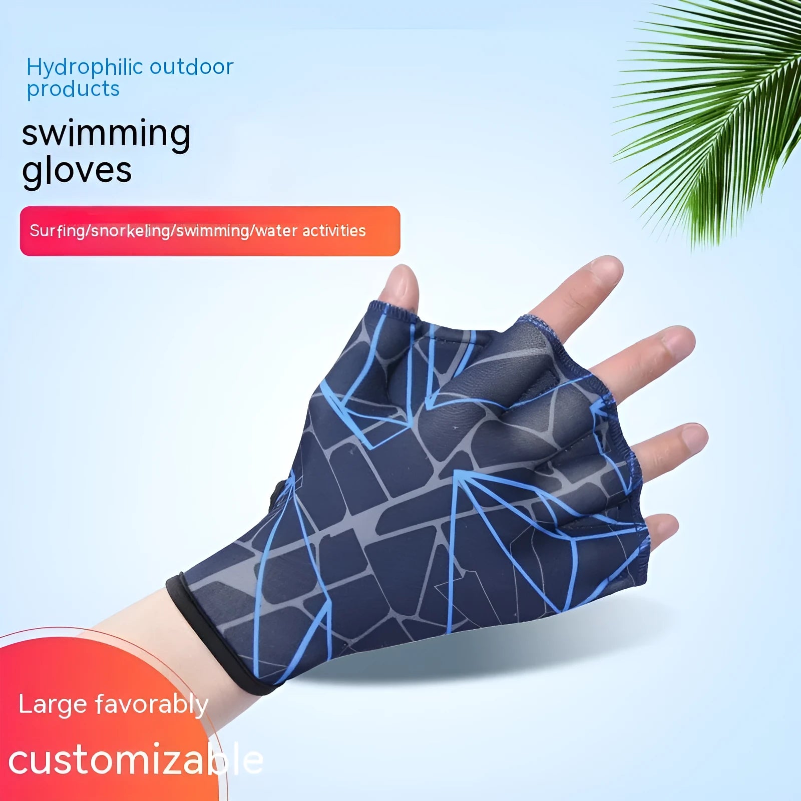 Green nylon duck feet webbed swimming gloves showing webbed design between fingers