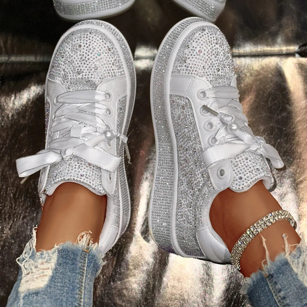 Solid white plus size women's casual shoes with starry rhinestone detailing, low-top design, and rubber sole
