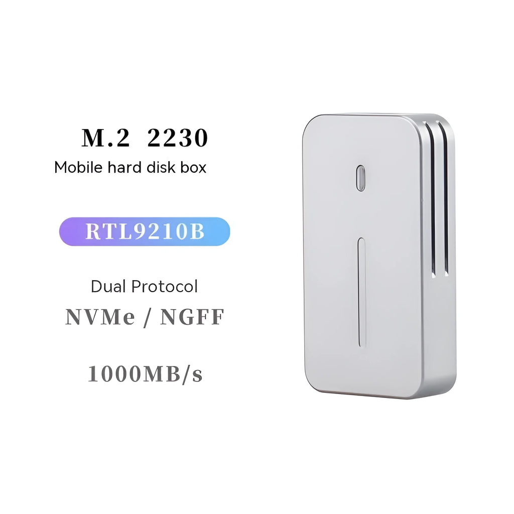 Aluminium alloy M.2 SSD external enclosure showing compact size and USB-C port.