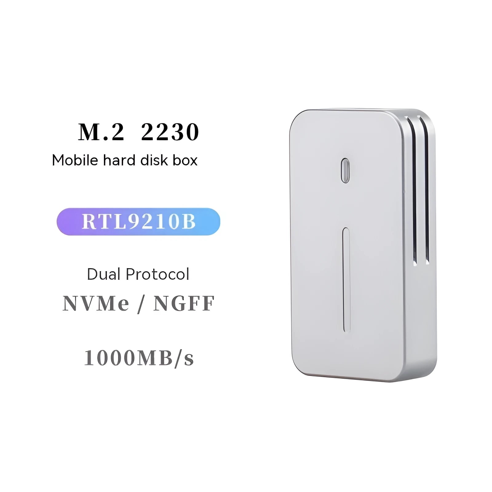 Aluminium alloy M.2 SSD external enclosure showing compact size and USB-C port.