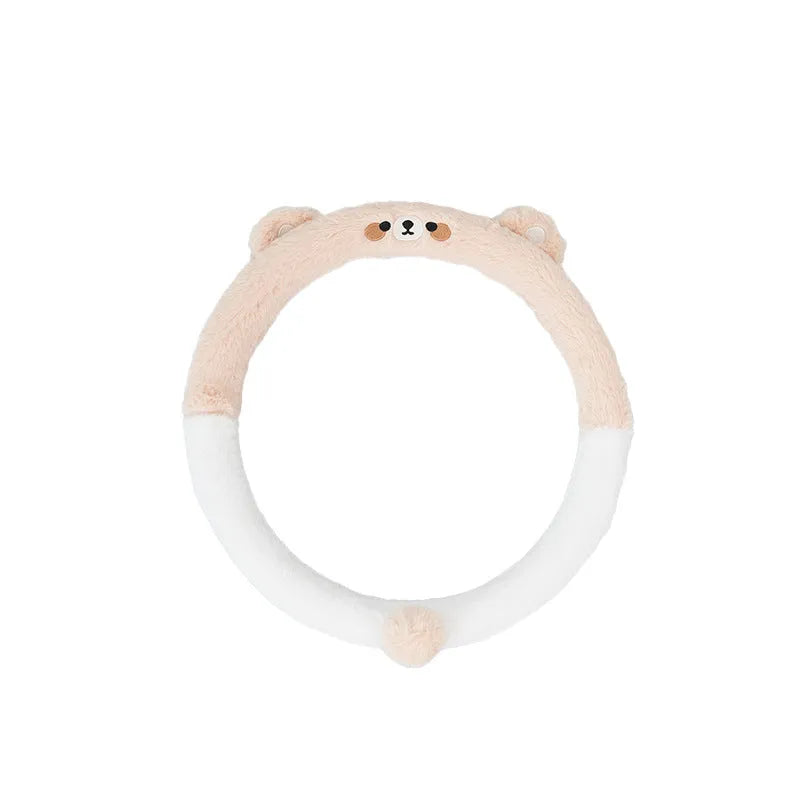 Plush cartoon animal embroidered steering wheel cover for winter, shown fitting a 38cm car steering wheel.