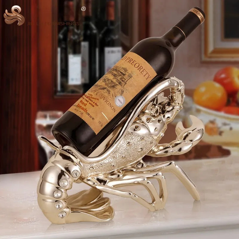 Lobster-shaped wine rack ornament in metallic finish displaying wine bottle