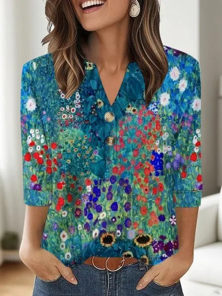 Women's casual loose fit V-neck top with 3D pattern in Japanese Korean style