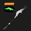 Pack of six soft fishing lures with hooks in various colours including luminous pink and black head yellow body.