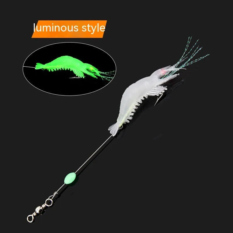 Pack of six soft fishing lures with hooks in various colours including luminous pink and black head yellow body.