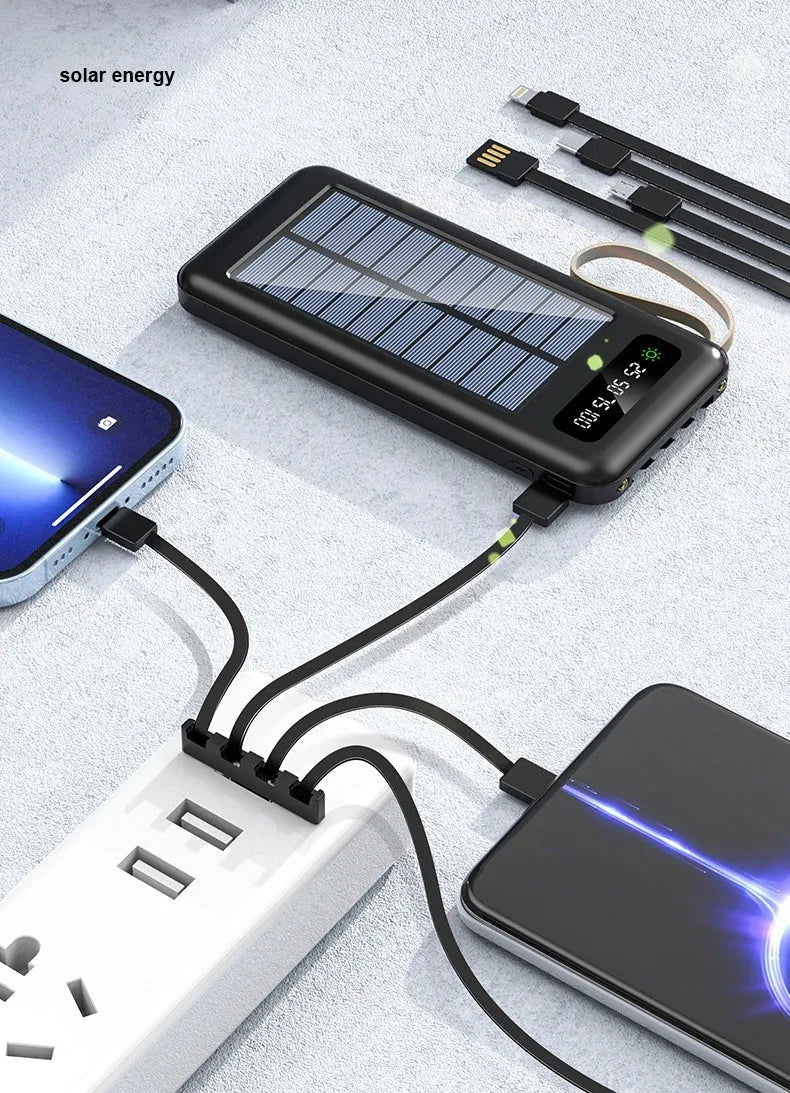 Solar power bank in black or white, showing front panel with solar cells and USB ports.