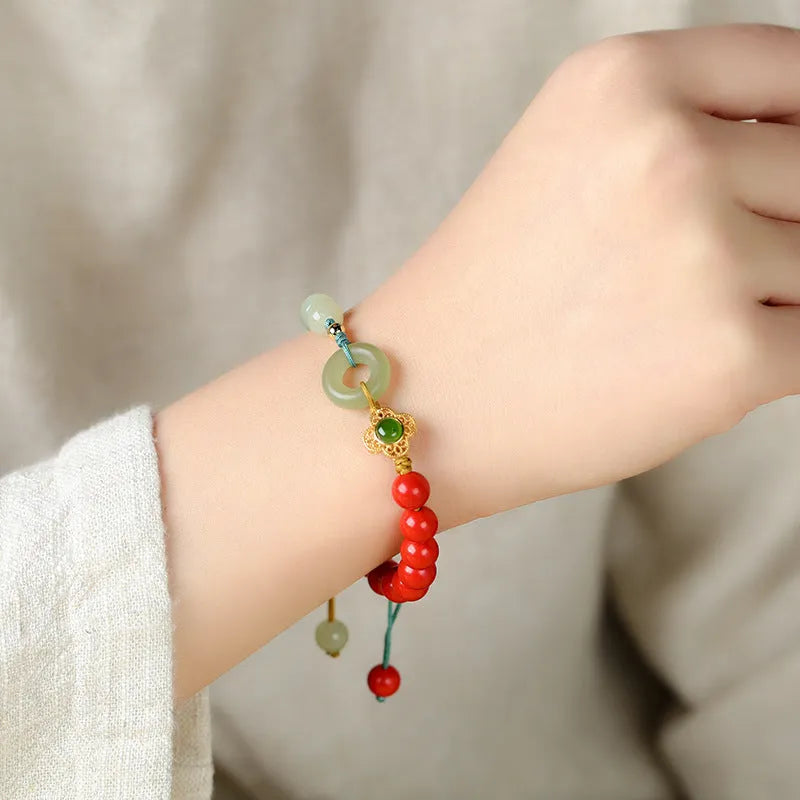 Hetian gray jade and cinnabar safety buckle bracelet with 8mm flower beads, retro style, women's accessory