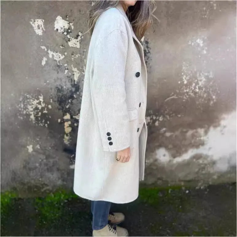 Women's mid-length lapel double-breasted casual jacket in polyester, available in black, white, and dark grey solid colours
