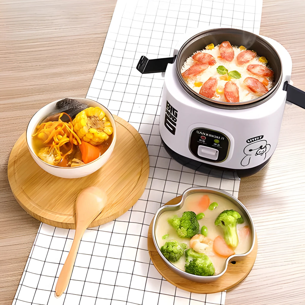 Small round blue automatic rice cooker for one person with steam pan and non-stick inner pot.