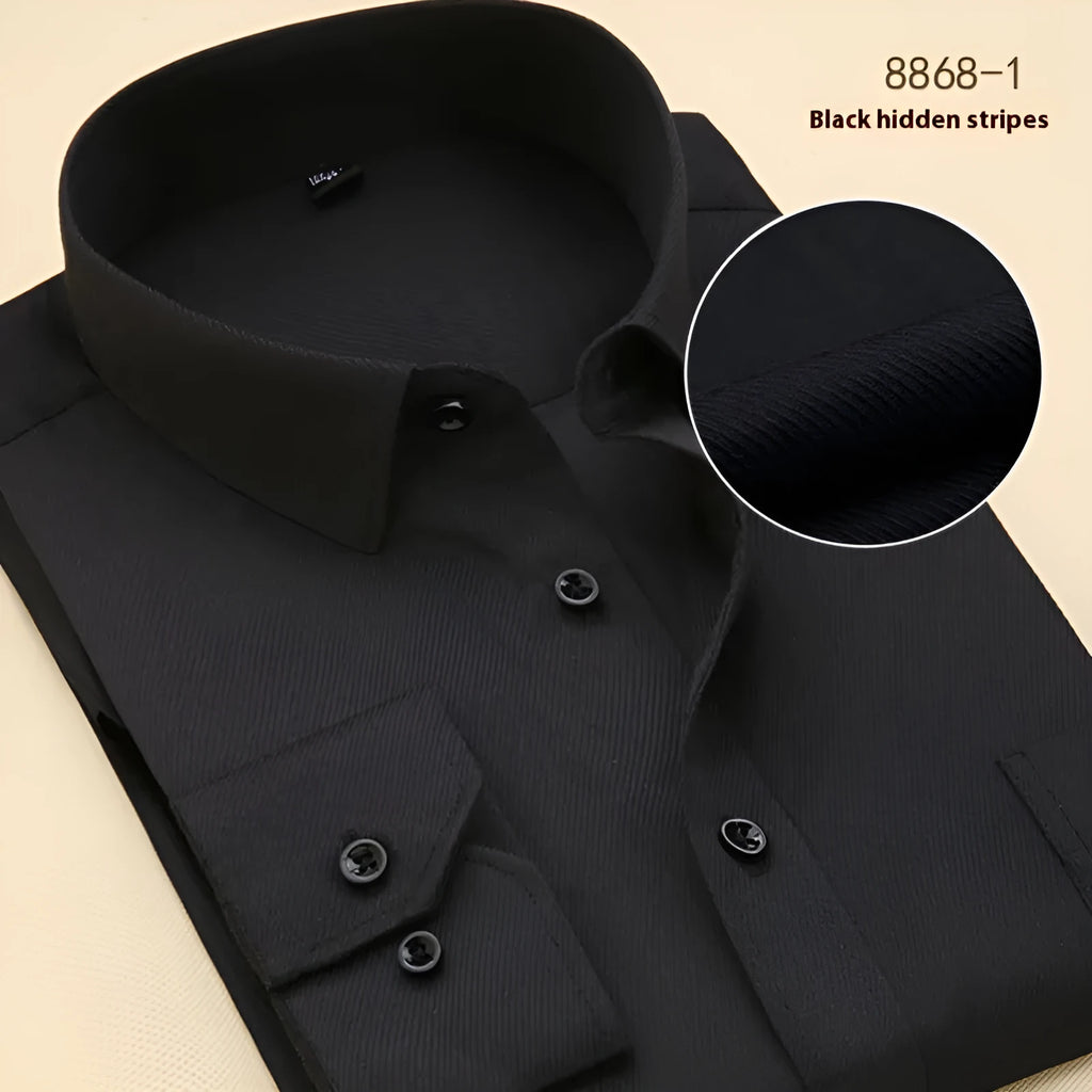 Men's black long sleeve cotton business shirt on a hanger showing slim fit and solid colour