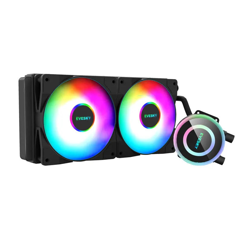 Aluminium CPU liquid cooling radiator with fan, available in 120mm, 240mm, and 360mm sizes with RGB lighting options.