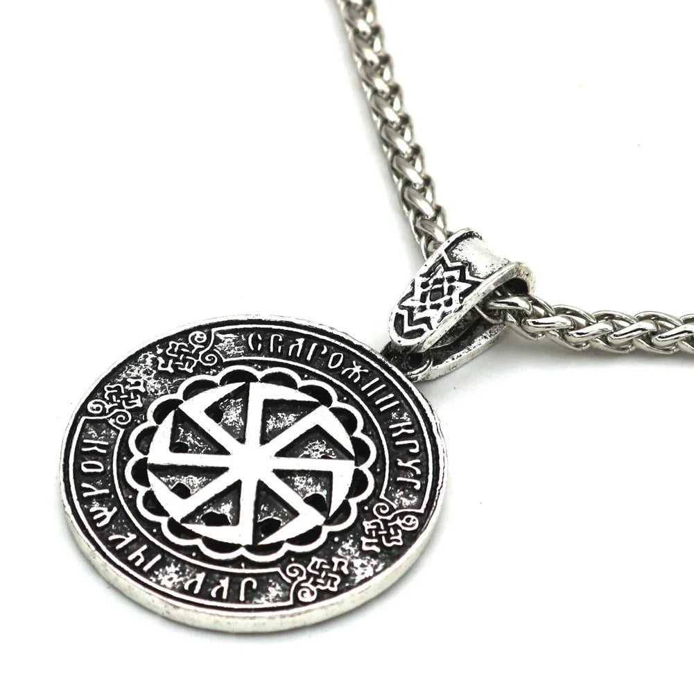 Lunavin ODing alloy pendant necklace with antique silver finish on a leather rope and a separate snake bones chain.
