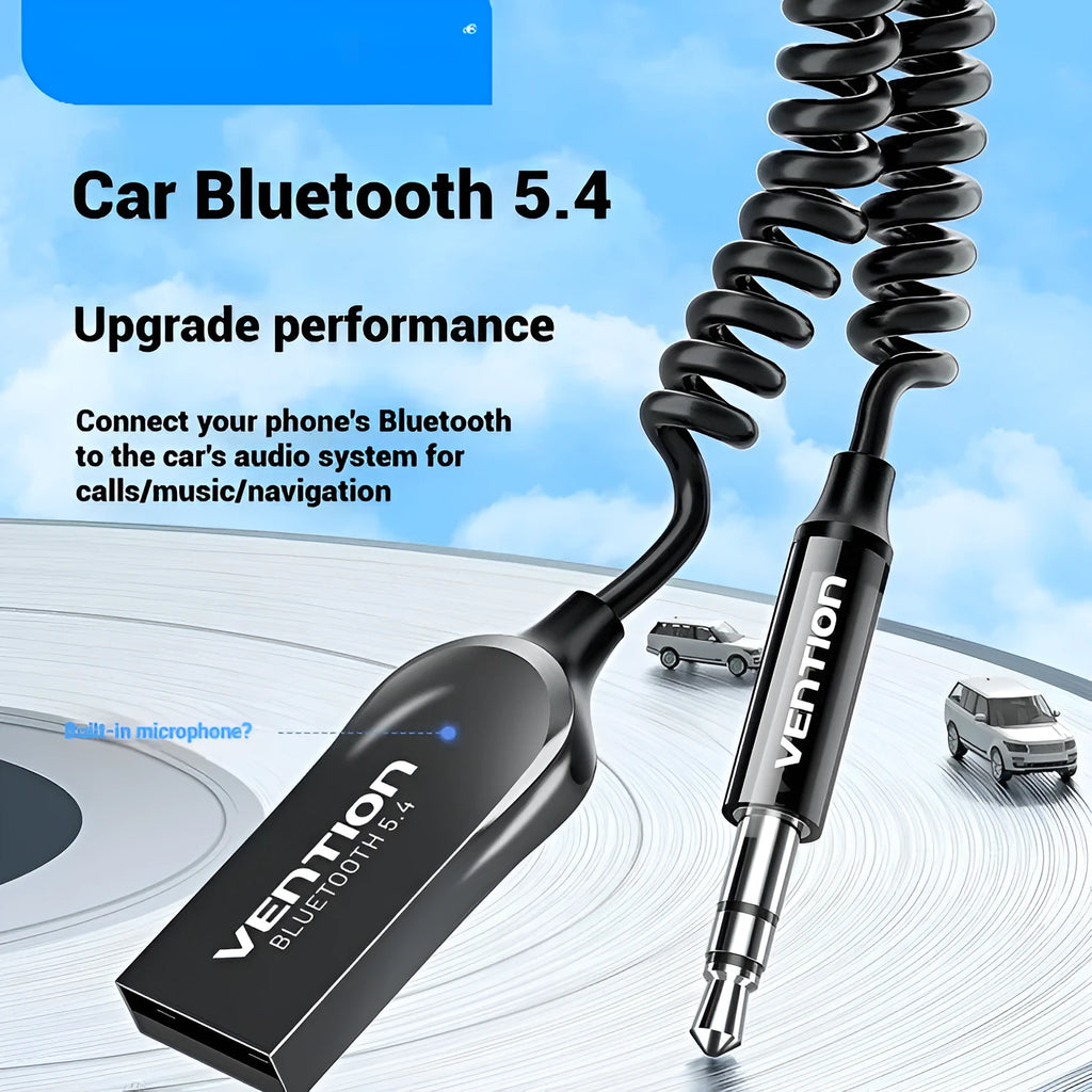 USB car Bluetooth audio receiver with zinc alloy USB connector and 3.5mm audio jack connected by PU-sheathed cable