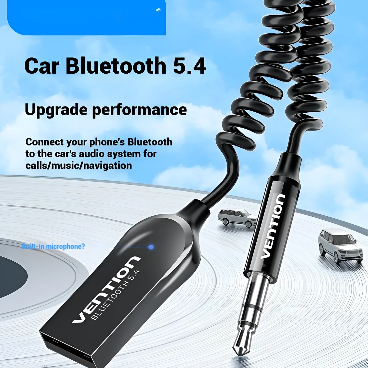 USB car Bluetooth audio receiver with zinc alloy USB connector and 3.5mm audio jack connected by PU-sheathed cable