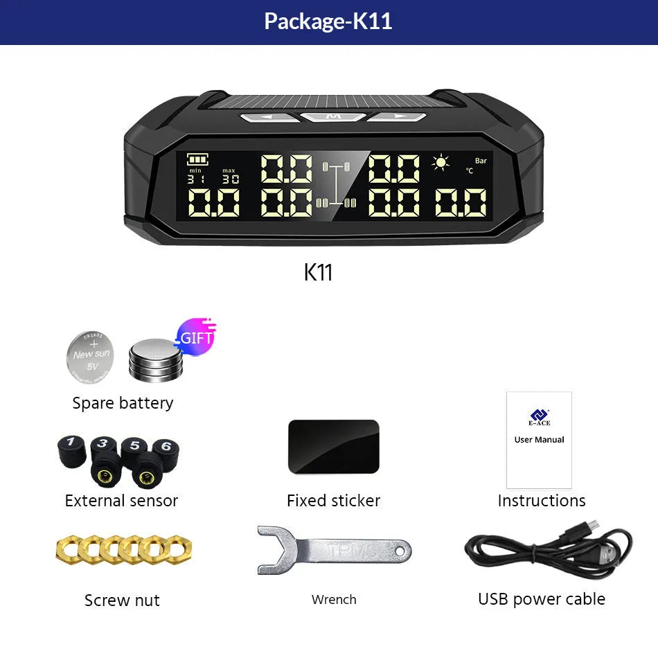 Solar-powered external tyre pressure monitor display unit for six-wheel trucks and RVs