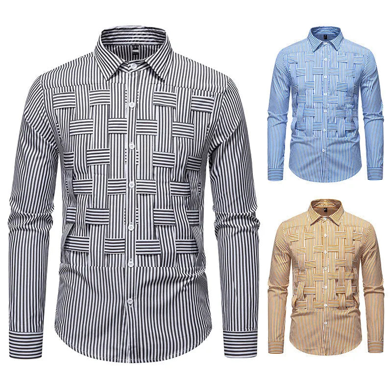 Striped woven plaid men's slim fit polyester cardigan shirt in black, blue, and brown