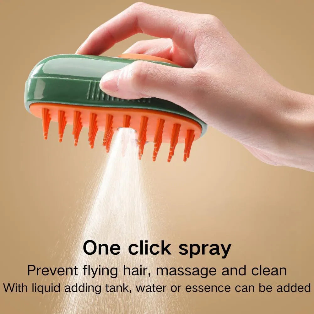 Green and white rechargeable cat steam grooming brush with silicone teeth and water spray nozzle.