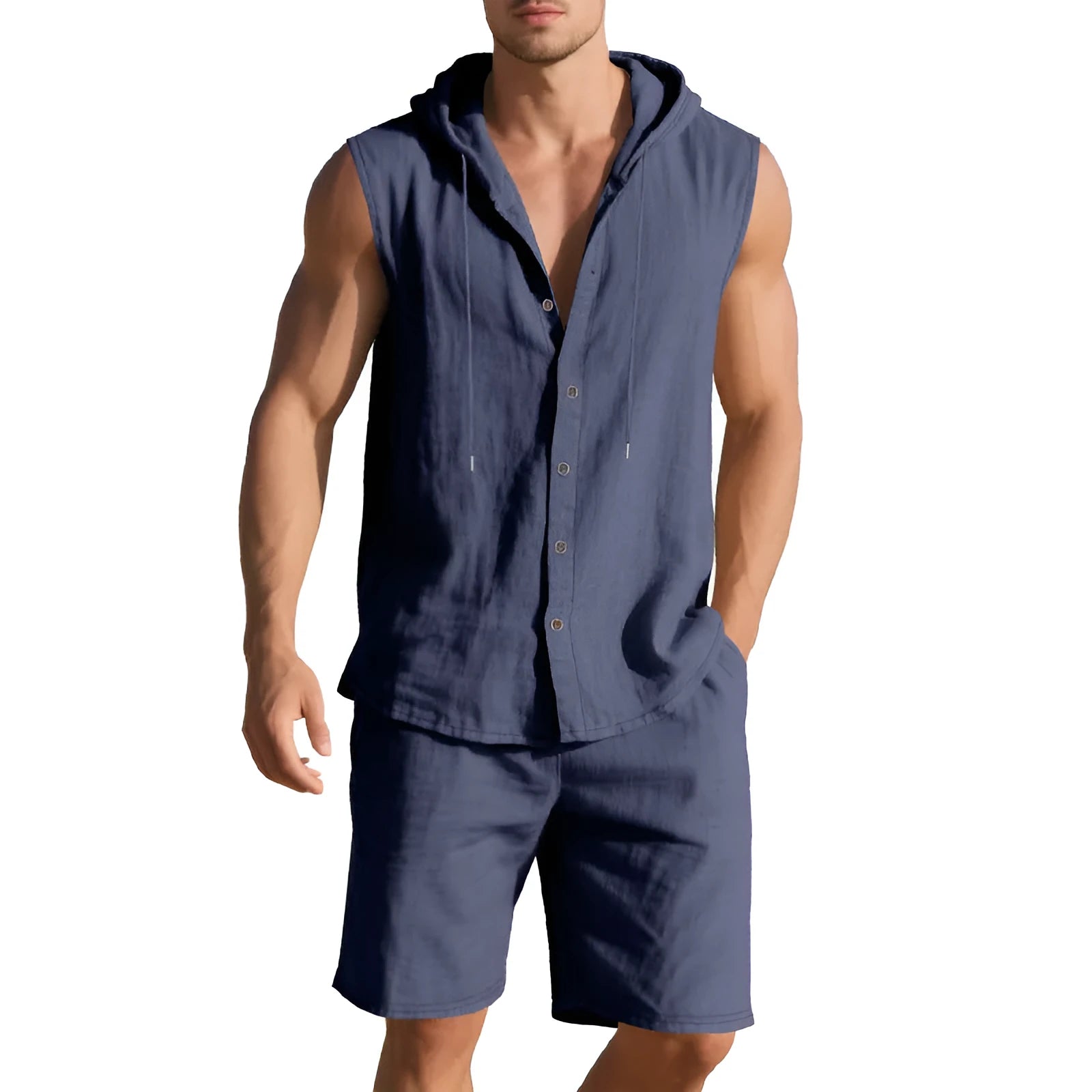 Men's linen sleeveless shirt and shorts suit on a hanger, shown in a light colour.