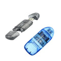 Transparent USB card reader with LED light showing internal components and memory card slots