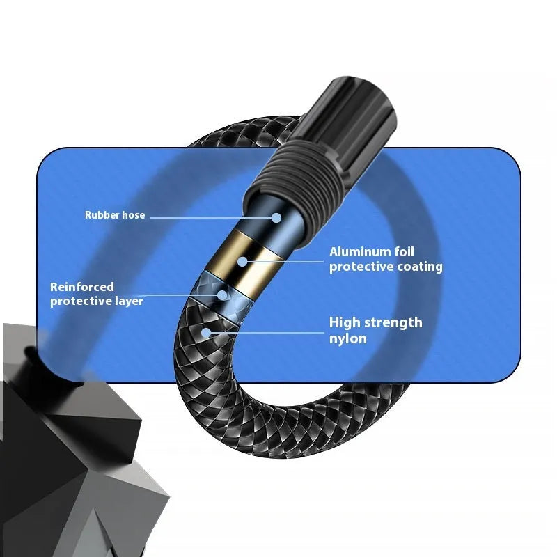 Black vehicle-mounted electric tyre inflator with digital display and light.