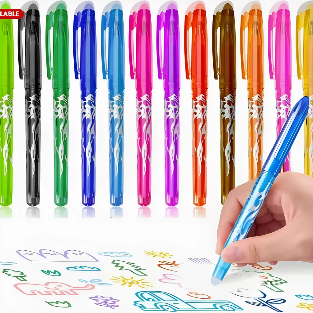 Set of heat-erasable gel pens with plastic shells and stainless steel nibs, showing 0.5mm and 0.7mm tip options.