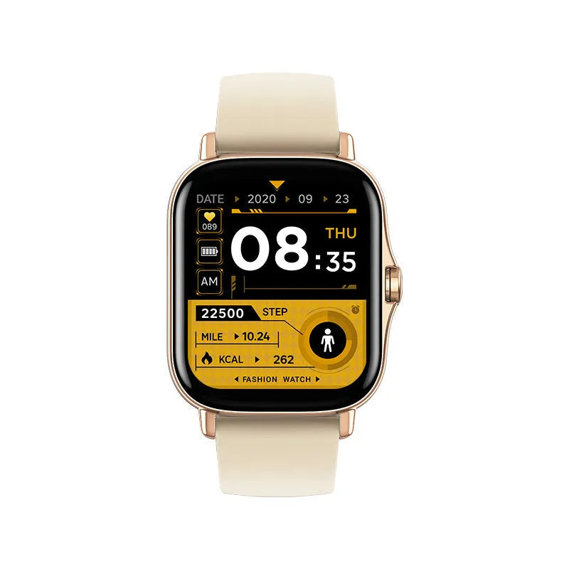 GT20 smart watch with black alloy case and silicone band showing heart rate reading on screen