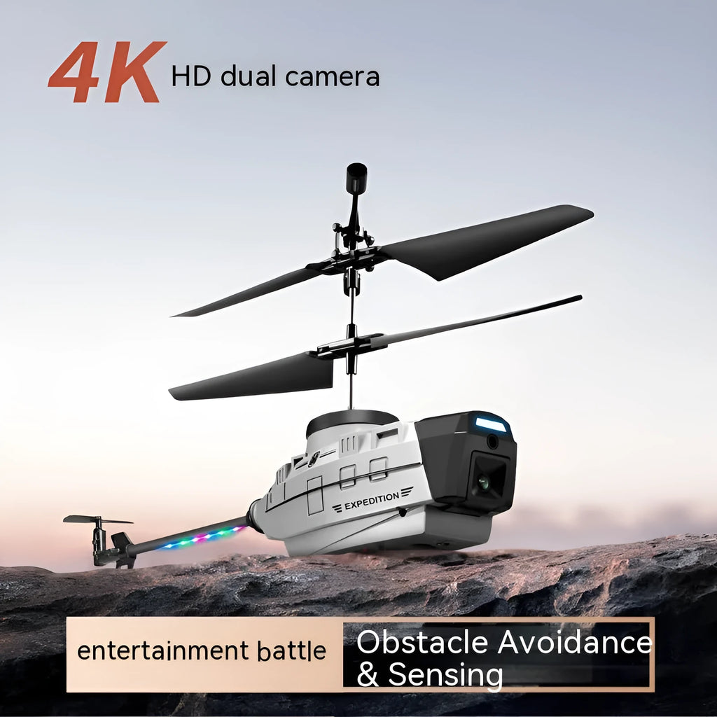 Gray Heifeng obstacle avoidance helicopter drone with coloured lights and landing gear deployed