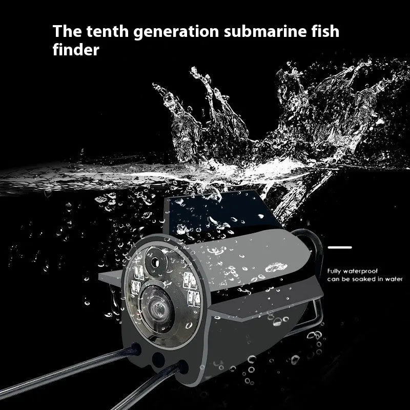 Fish finder unit with 4.3-inch screen connected to an underwater camera on a long cable