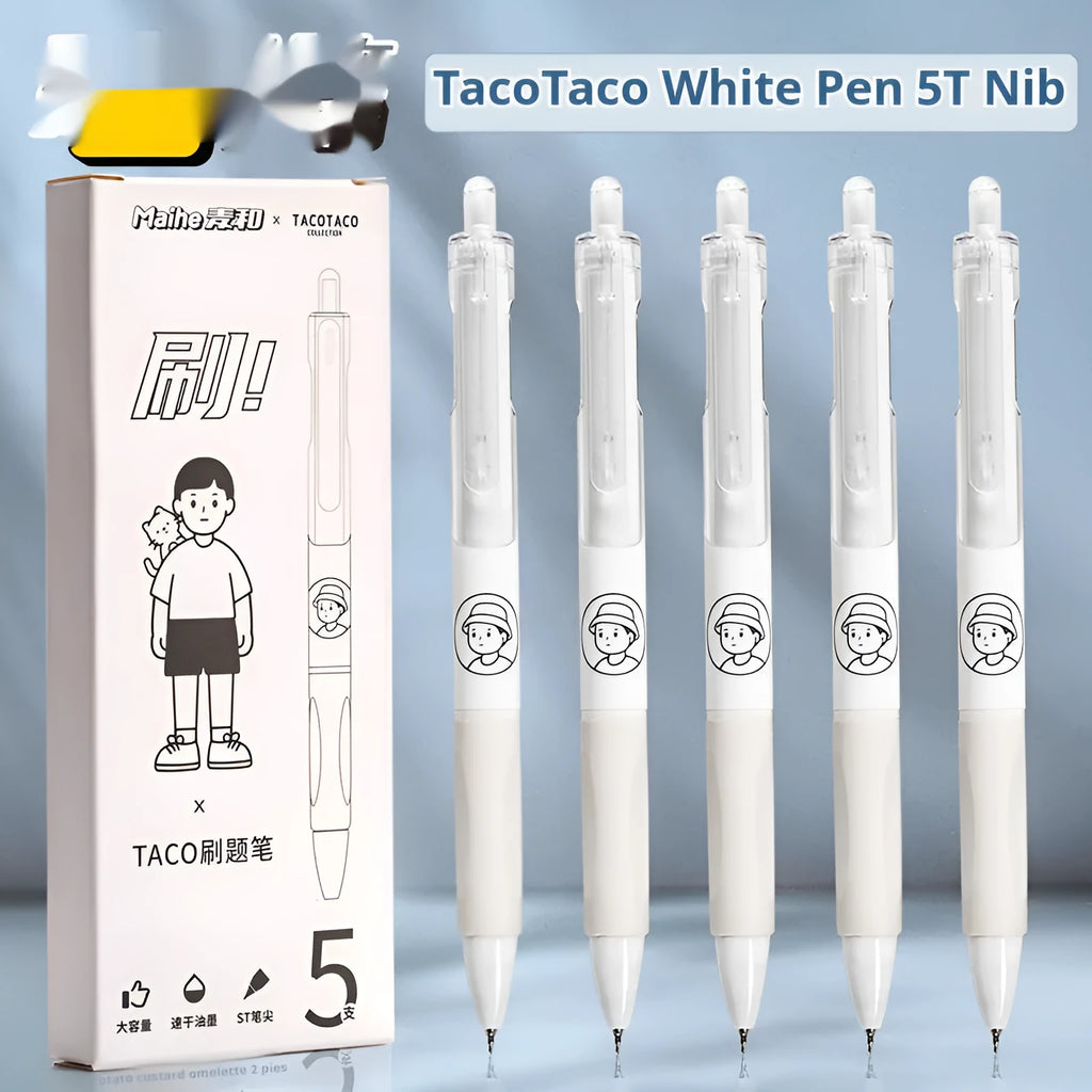 Five white and black Taco series 0.5mm press-action ballpoint pens laid side by side.