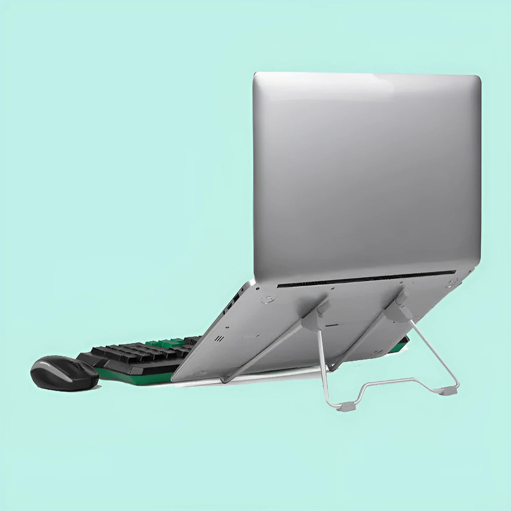 Grey aluminium and plastic adjustable stand holding a mobile phone and a laptop on a desk.