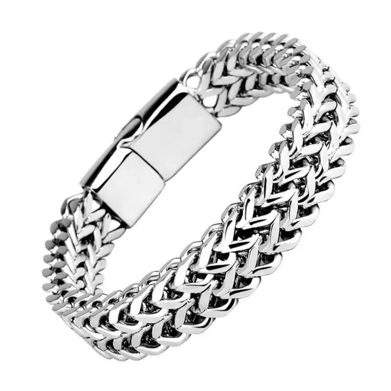 Silver titanium steel men's bracelet with geometric pattern on front and back of links.