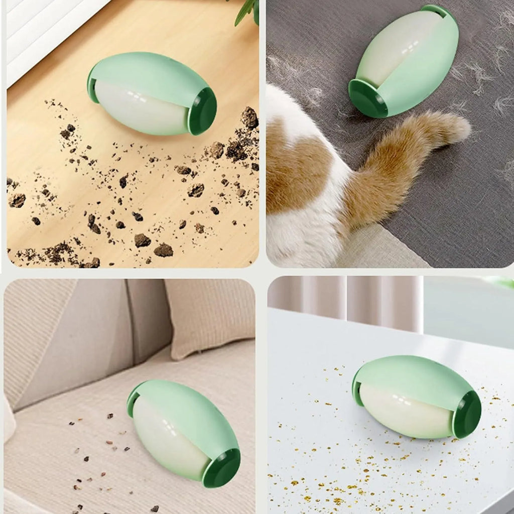 Green washable reusable gel lint roller ball for pet hair removal on a blue sweater.