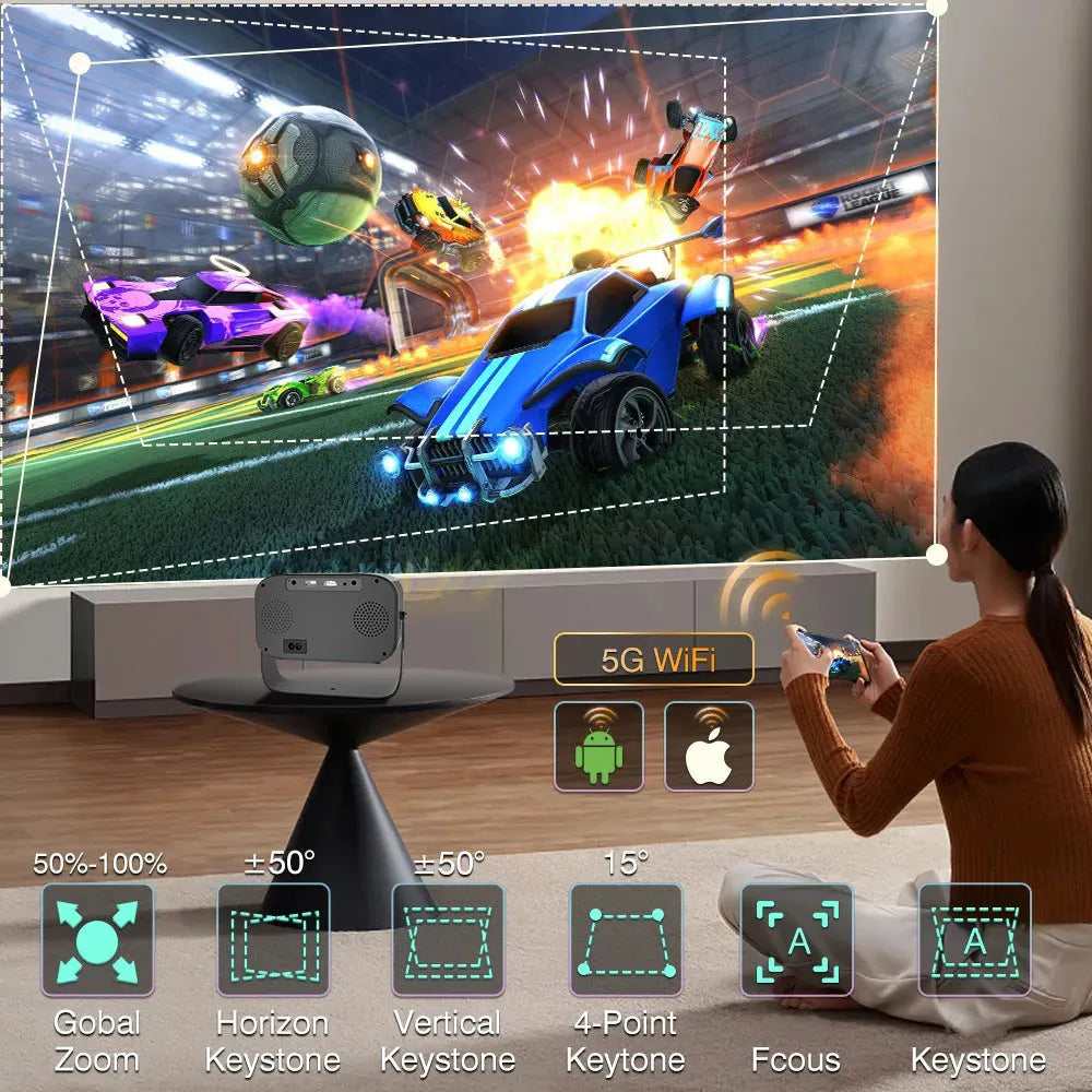Black HD smart portable projector with remote control on table