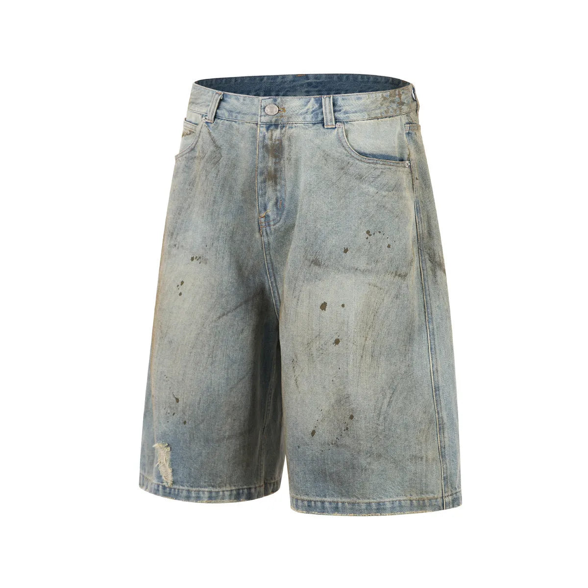 Men's washed blue cropped denim jeans with a straight leg and zipper fly, laid flat.