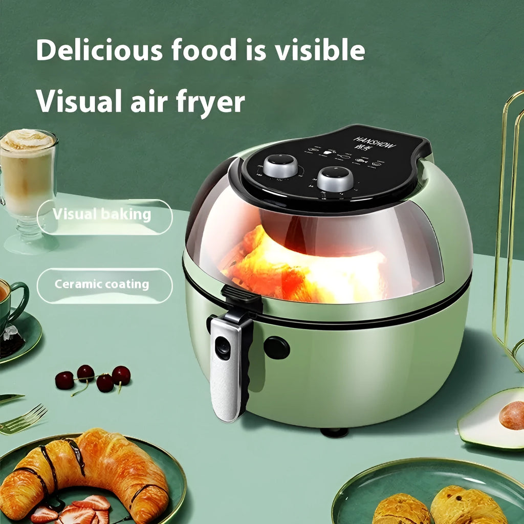 8-litre air fryer oven with visible window and mechanical button controls on countertop