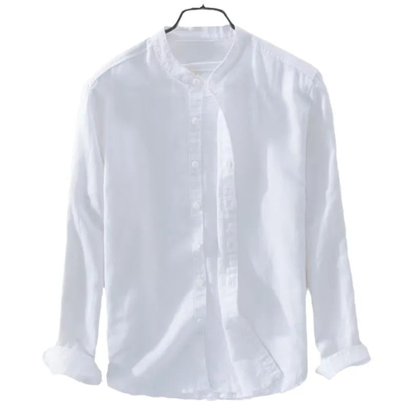 Loose fit cotton linen casual long sleeve shirt in solid colour options including dark blue, light blue, khaki, grey, and white
