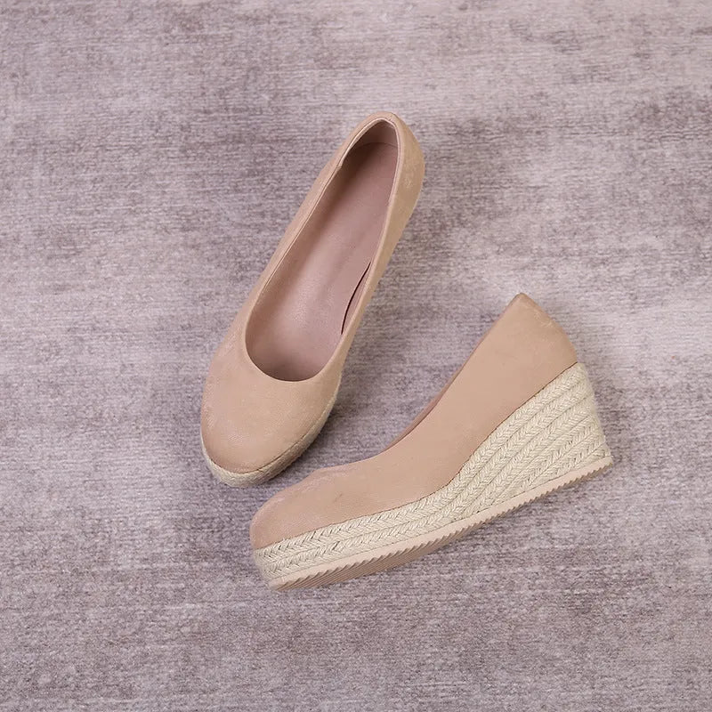Apricot wedge high heel pumps with round toe, shallow mouth, and thick EVA sole.