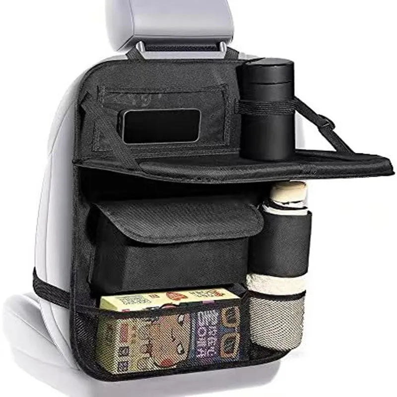 Black oxford cloth hanging storage bag for car seat and buggy organisation.